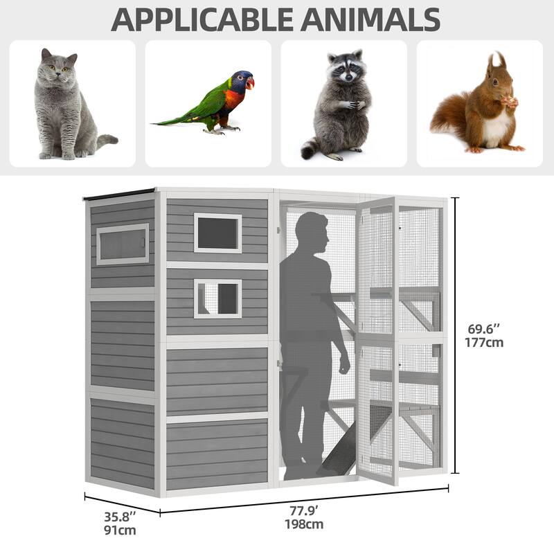 Moasis 78" Width Large Catio Outdoor Cat Enclosure Cat Kennel Wooden Cage with Platforms