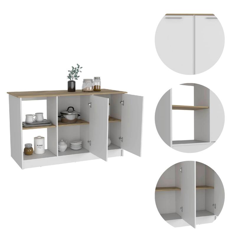 Spacious Kitchen Island with Large Countertop, Open Storage Shelves, and Double-Door Cabinet for Organized Cooking