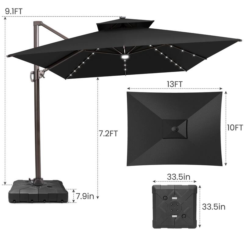 10 FT x 13 FT Outdoor Luxury Solar LED Patio Cantilever Umbrella With Base