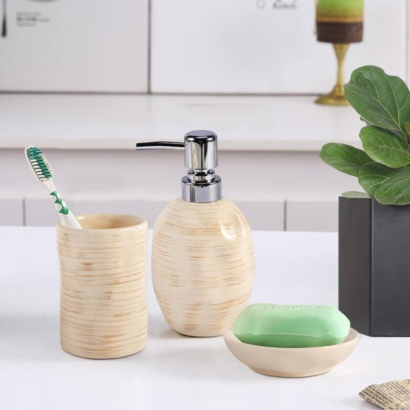 Bath Accessory Set, Color Glazed Beige with Brushed Brown-Texture Surface