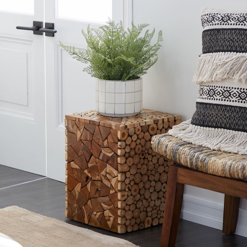 Teak Wood Handmade Square Block Accent Table with Mosaic Wood Chip Design - Brown - Roche River Decor - 14"Wx14"Lx18"H