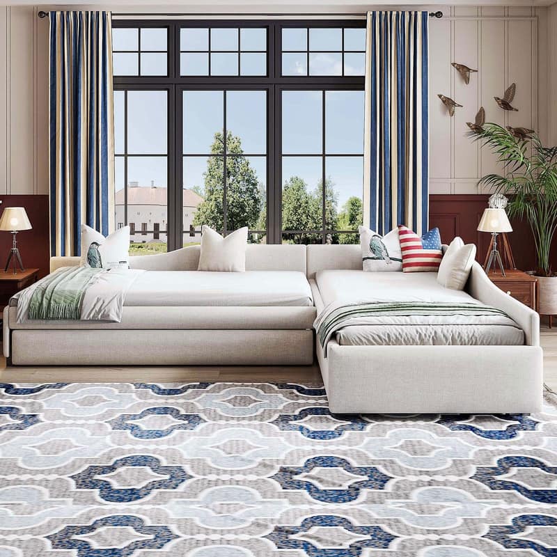 Linen Upholstered Double Twin Size Daybed with Trundle and Drawer