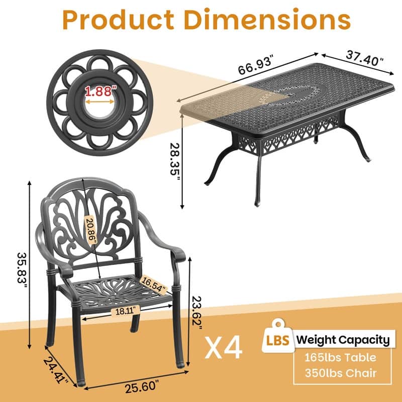 5-Piece Cast Aluminum Outdoor Dining Set with Brown Seat Cushions