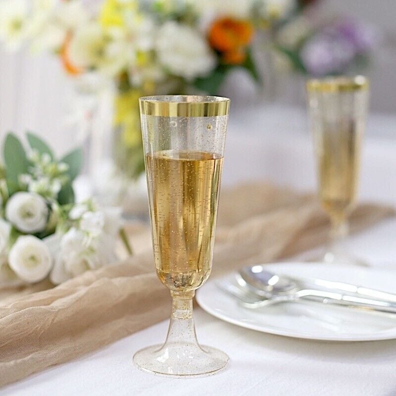 6oz Glittered Plastic Champagne Flutes with Gold Trim