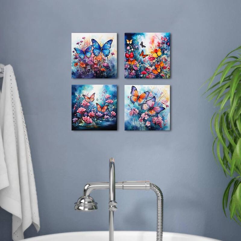 Blue Butterfly Canvas Wall Art Colorful Flower Pictures Abstract