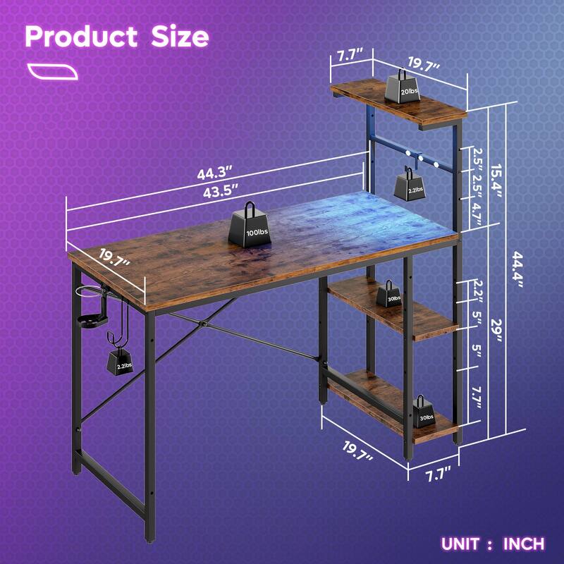 Bestier 44 in. Rectangular Gaming Desk with 4 Tier Storage Shelves Computer Desk with RGB LED Lights