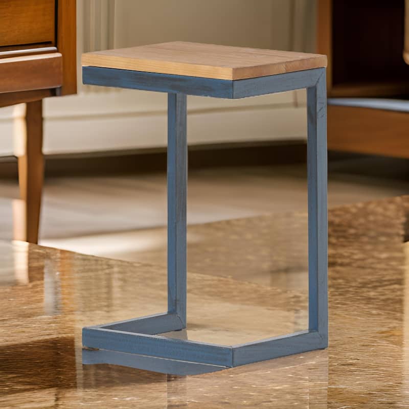Small Accent End Table, 13 Inch, C Shaped Iron Legs, Black, Brown Wood