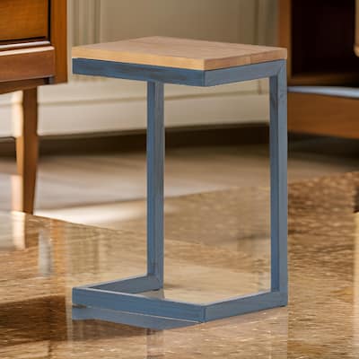 Small Accent End Table, 13 Inch, C Shaped Iron Legs, Black, Brown Wood