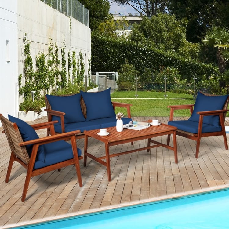 4 Piece Acacia Wood Patio Rattan Furniture Set with Cushions - 45" x 27.5"x 29.5" (L x W x H)