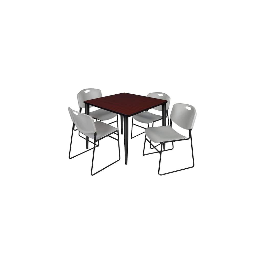 36 in. Square Breakroom Table- Mahogany Top, Black Base & 4 Stack Chairs- Grey - Grey, Black, Mahogany