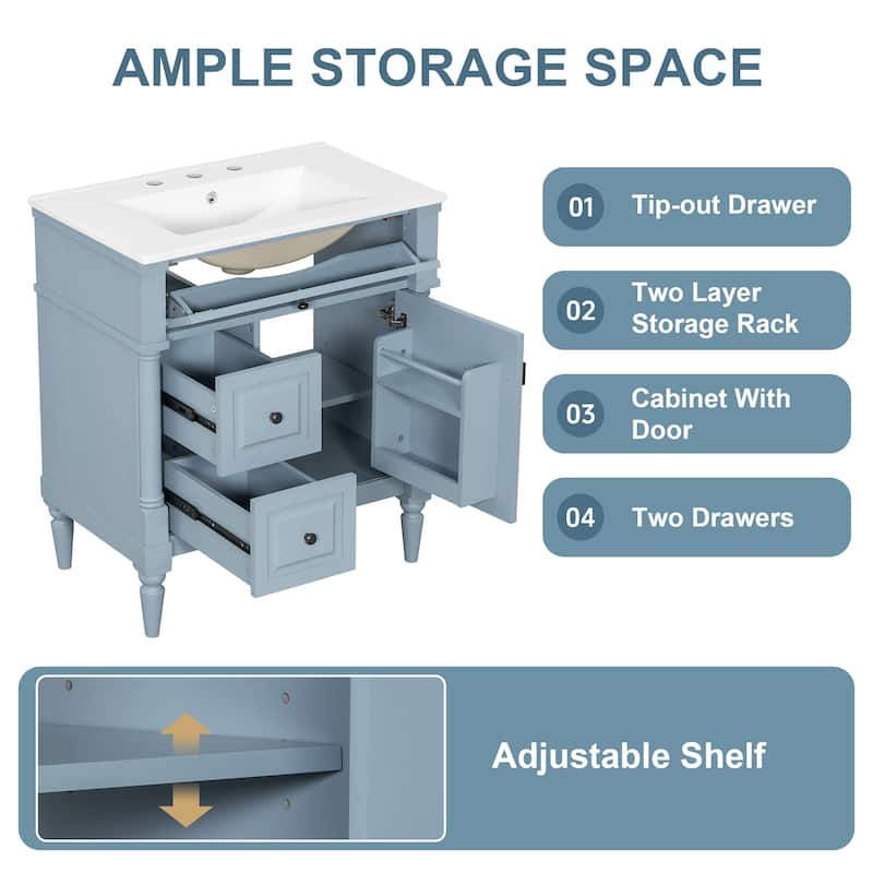 30" Bathroom Vanity with Sink, Freestanding Solid Rubberwood Cabinet with Flip Drawer & Adjustable Shelf