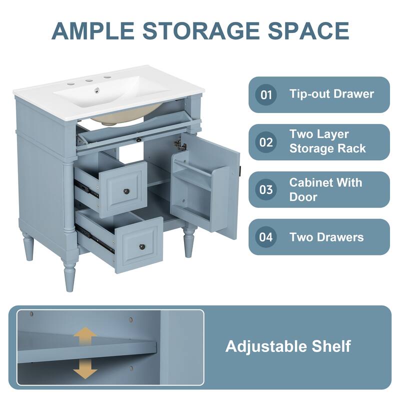 30" Freestanding Bathroom Vanity with Ceramic Sink, Solid Rubberwood Frame, Flip Drawer & Adjustable Shelf