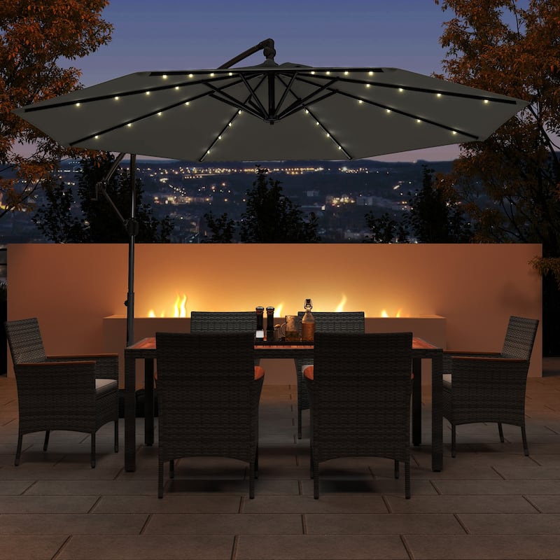 Large 10 Feet Patio Offset Umbrella with Stable Crossed Base and Solar LED Lights for Outdoor