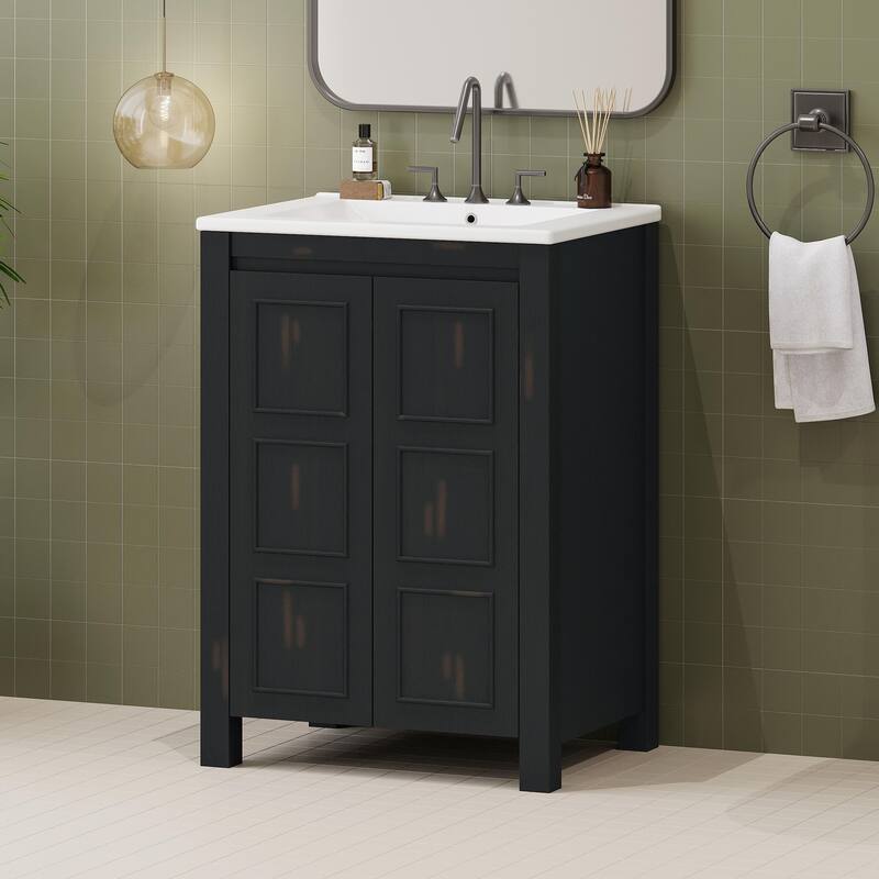 Vintage Style Bathroom Vanity Combo with Ceramic Sink and 2 Soft-close Doors