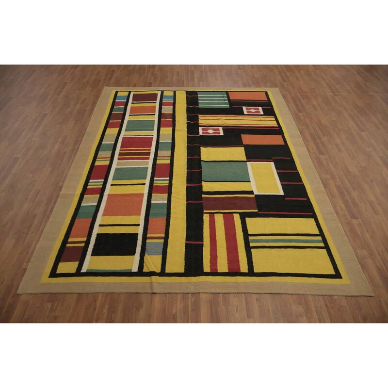 Hand Woven Oriental 100% Wool Carpet Southwestern Modern Multi-Colored Kilim Area Rug - 11' 8'' X 8' 10''
