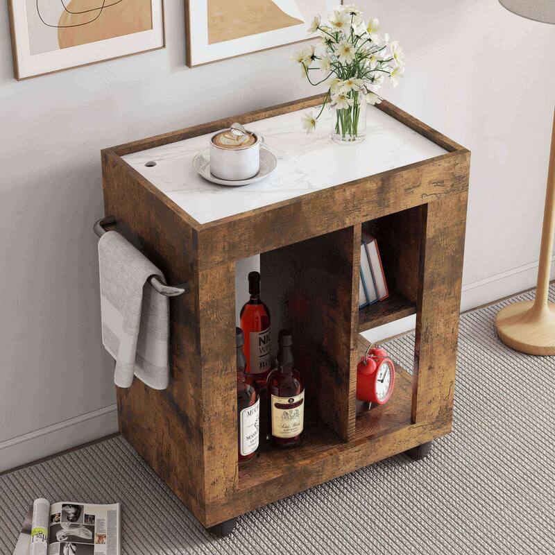 Rolling Sofa Side Table with Storage Compartments, Magazine Rack & Handle - Multi-Purpose Home Organizer - Black Brown