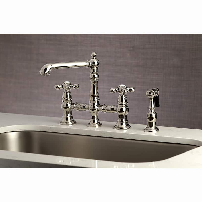 English Country Bridge Kitchen Faucet with Sprayer in Matte Black