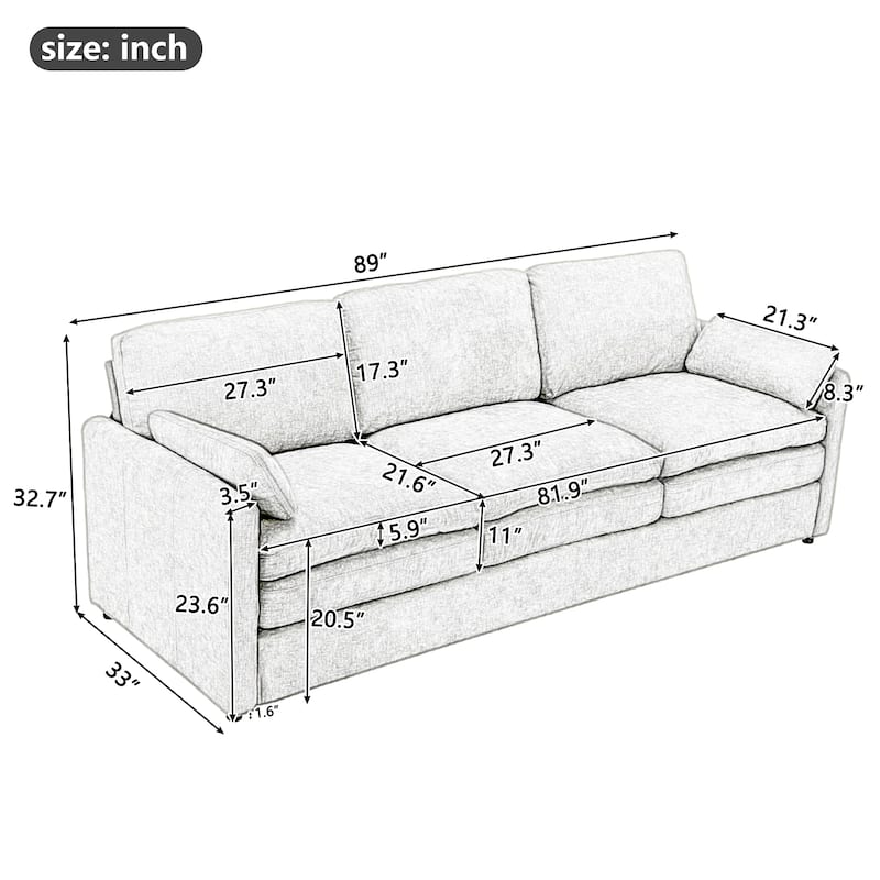 Chenille Upholstered 3 Seater Sofa, Cloud Couch with Removable Lumbar Pillow, Oversized Sofa with Double Cushion - Grey