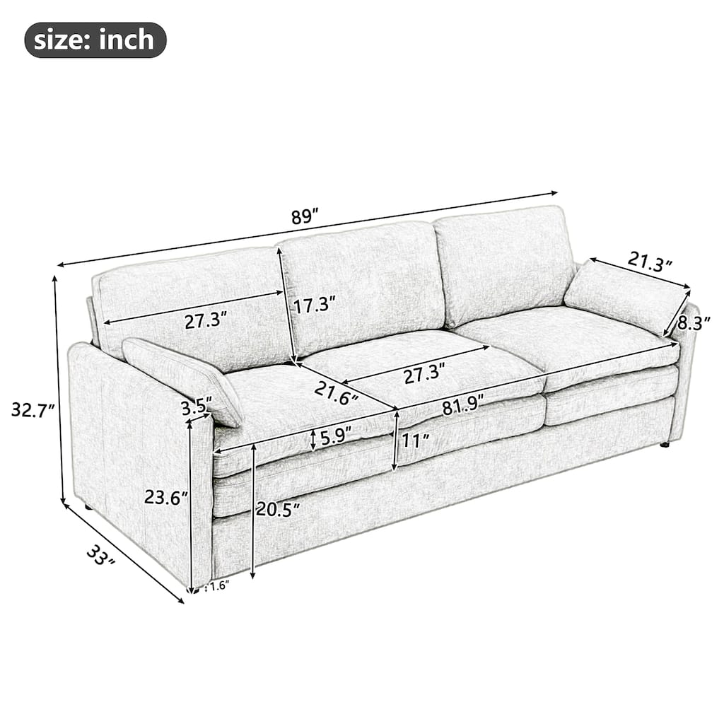 Chenille Upholstered 3 Seater Sofa, Cloud Sofa with Removable Lumbar Pillow, Oversized Sofa with Double Cushion