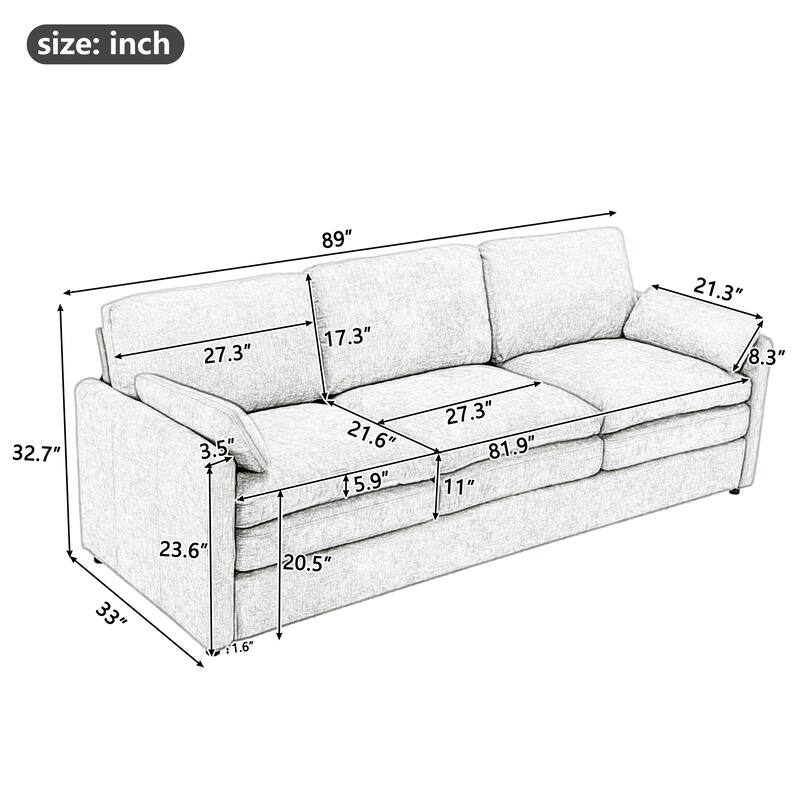 Roomfitters Upholstered 3-Seater Cloud Sofa with Double Cushions, Oversized Comfy Couch for Living Room, Grey