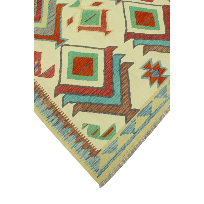 Hand-Woven Sangat Kilim Zabia Ivory/Red Rug - 4'11" x 6'7"
