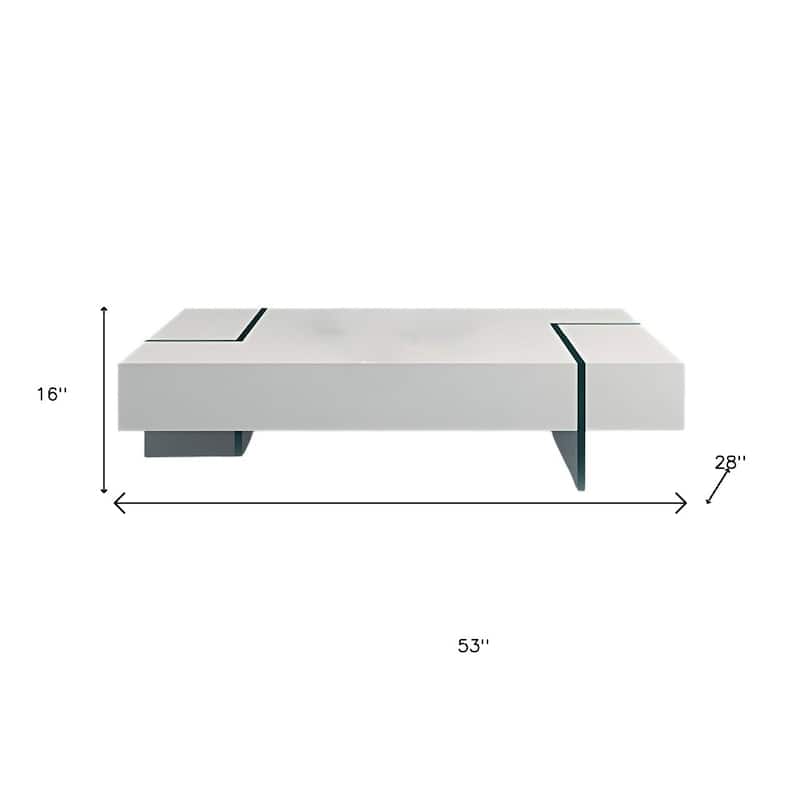 HomeRoots 53" White And Clear Wood And Glass Sled Coffee Table - 53 in. x 16 in. x 28 in.