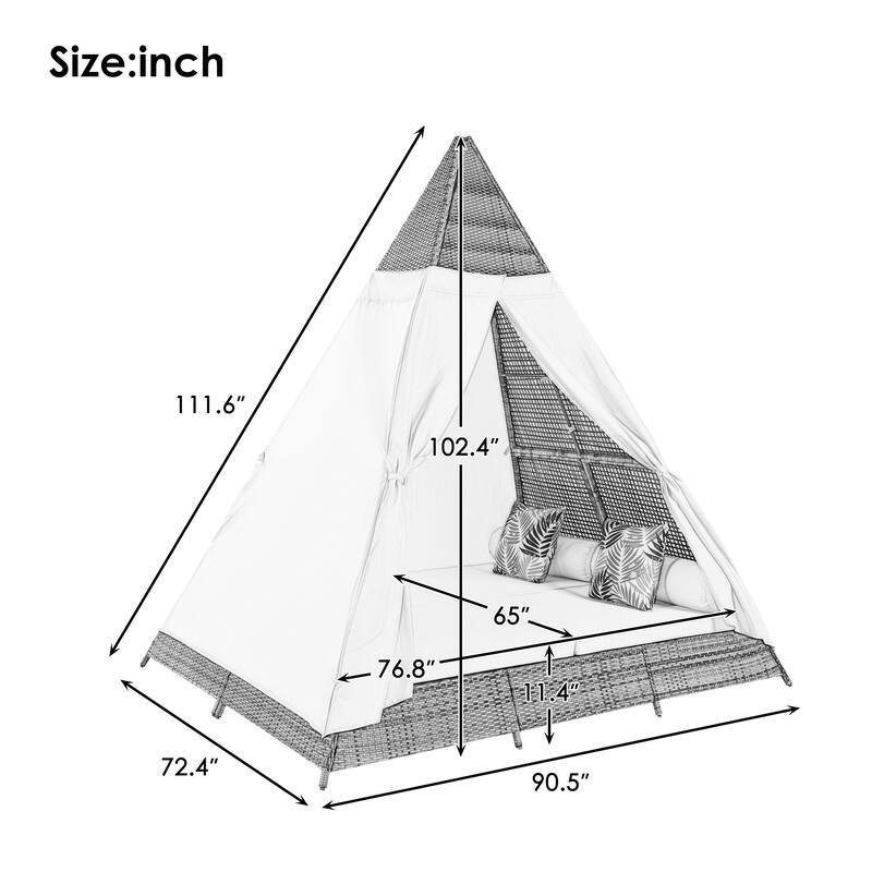 90.5" Triangle Tent Daybed Sunbed with Pillows & Curtain