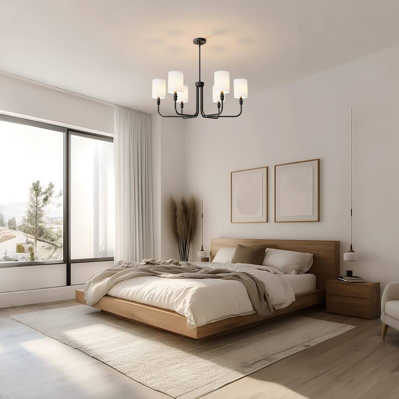 YANSUN 6-Light Black Straight Tube Chandelier with Fabric Cylindrical Shades, E12 Base, Perfect for Living Room/Dining Room