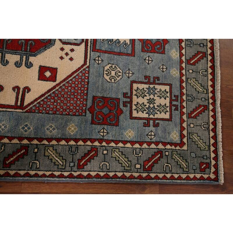Blue Geometric Kazak Oriental Accent Rug Hand-Knotted Wool Carpet - 3'7" x 5'0"