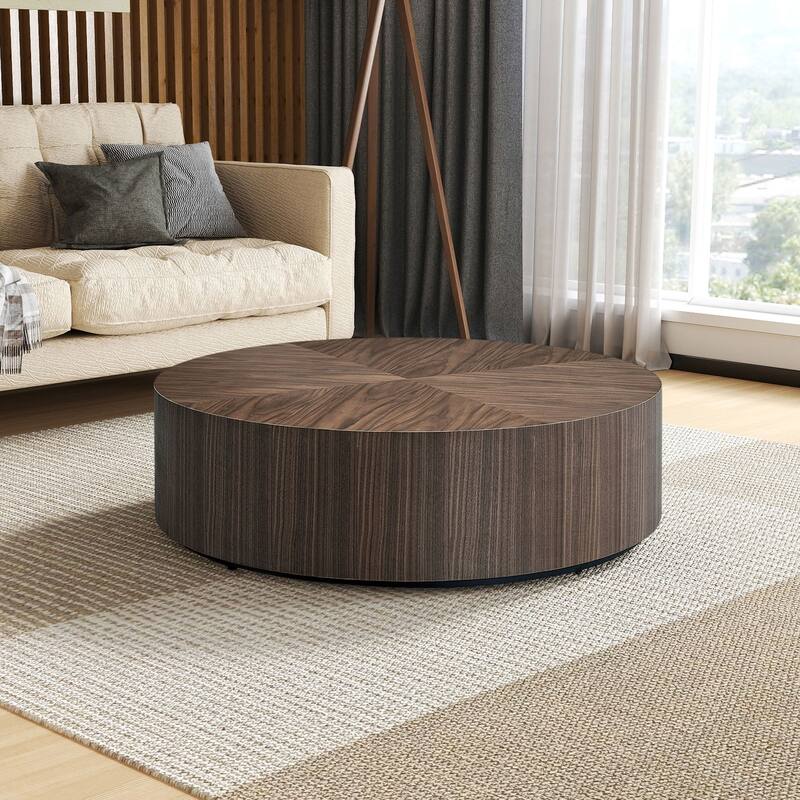 35.43" Modern Round Coffee Table with Solid Wood Base, Wood Grain Top, Ideal for Living Room, Bedroom, Apartment