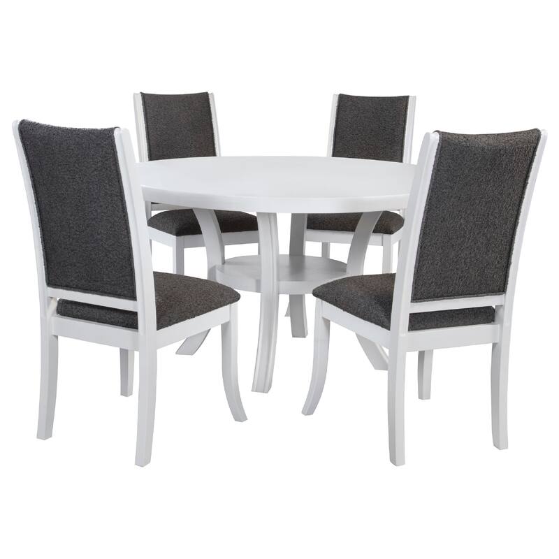 Judy 5pc Round Dining Table Set, Flared Legs, Gray Fabric, White Wood