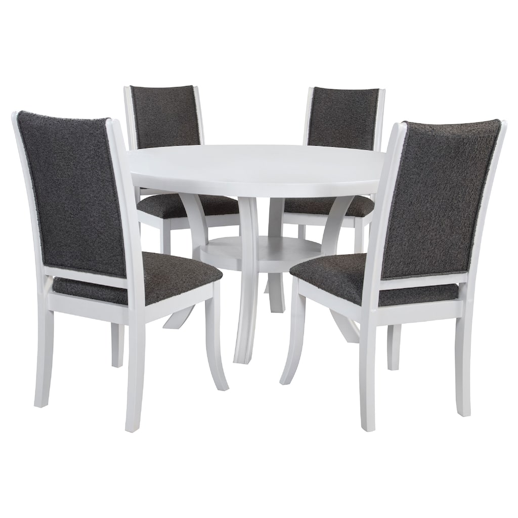 Judy 5pc Round Dining Table Set, Flared Legs, Gray Fabric, White Wood