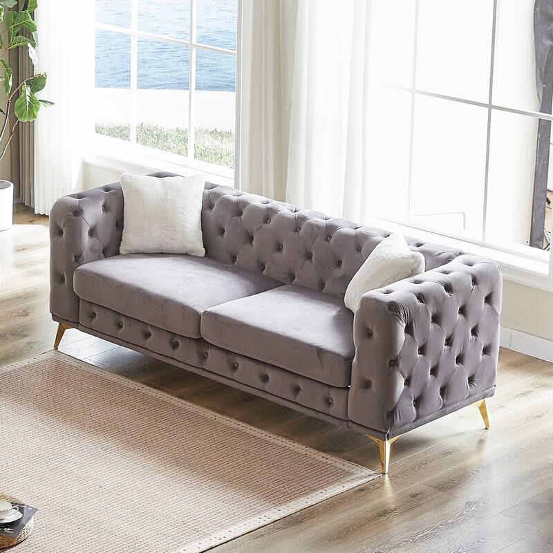 Velvet Upholstered 3 Seater Sofa, Chesterfield Tufted Button Sofa, Lounge Sofa Chair with 2 Pillows & Metal Legs