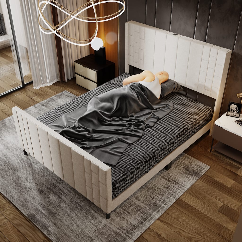 Upholstered Bed Frame with USB Port, Platform Bed with Headboard and Footboard Queen Size