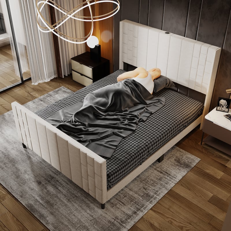 Upholstered Bed Frame with USB Port, Platform Bed with Headboard and Footboard Queen Size