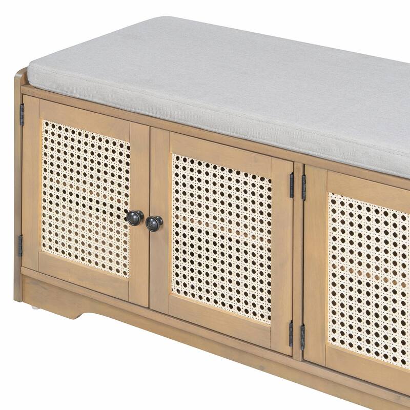 Rustic Storage Bench with Removable Cushion, Woven Rattan Doors & Adjustable Shelves