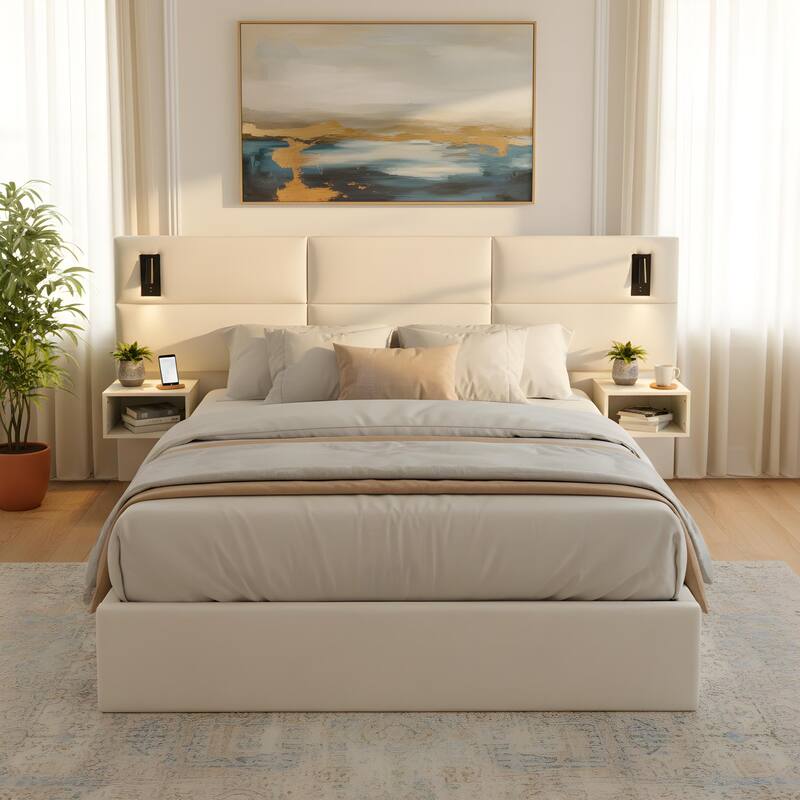 Christopher Knight Home - Mid-Century Modern Chenille Upholstered Smart Bed with Reading Lights & Built-In Shelves - White - Queen