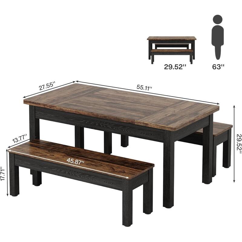 55-Inch Farmhouse Kitchen Table Set, Wood Dining Table with 2 Benches