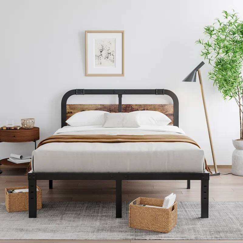Black Metal Platform Bed Frame with Rustic Wood Headboard and Strong Steel Slats Under Bed Storage