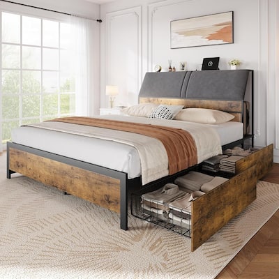 Upholstered Bed Frame with Storage, Charging Station & Ergonomic Headboard, No Box Spring Required