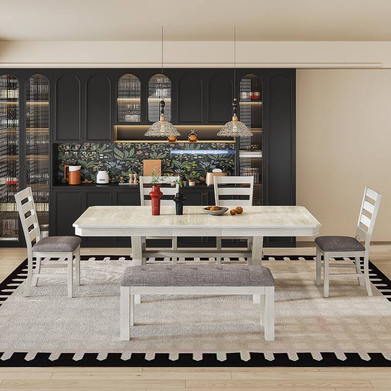 VECELO Dining Table Set with Bench, Solid Wood Rectangular Extendable Dining Table and Chairs Set for 6-8