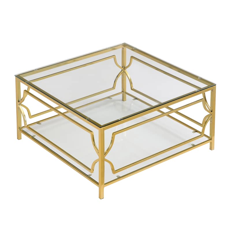 Luxe Square Glass Coffee Table with Geometric Gold Frame & Lower Display Shelf by Harper&Bright Designs