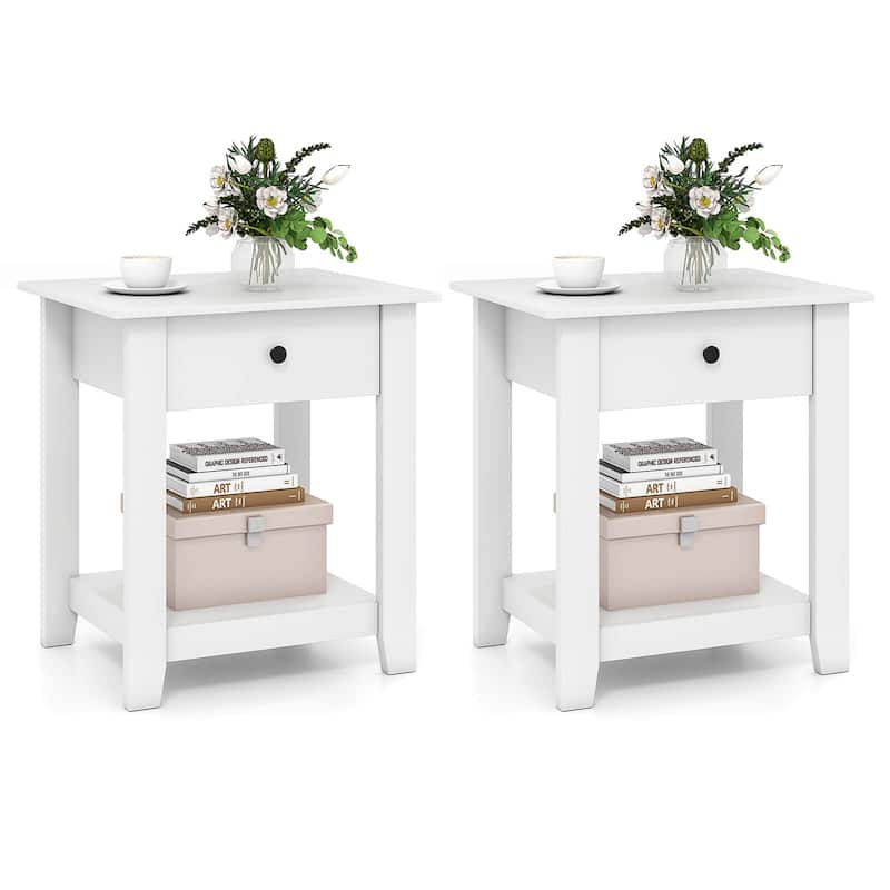 Costway 1/2 PCS Nightstand with Drawer 3-Tier Modern Bedside Table - White-2 PCS