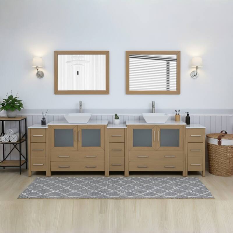 Vanity Art 108" Double Sink Bathroom Vanity Set with Engineered Marble Top and Free Mirrors - Natural Oak