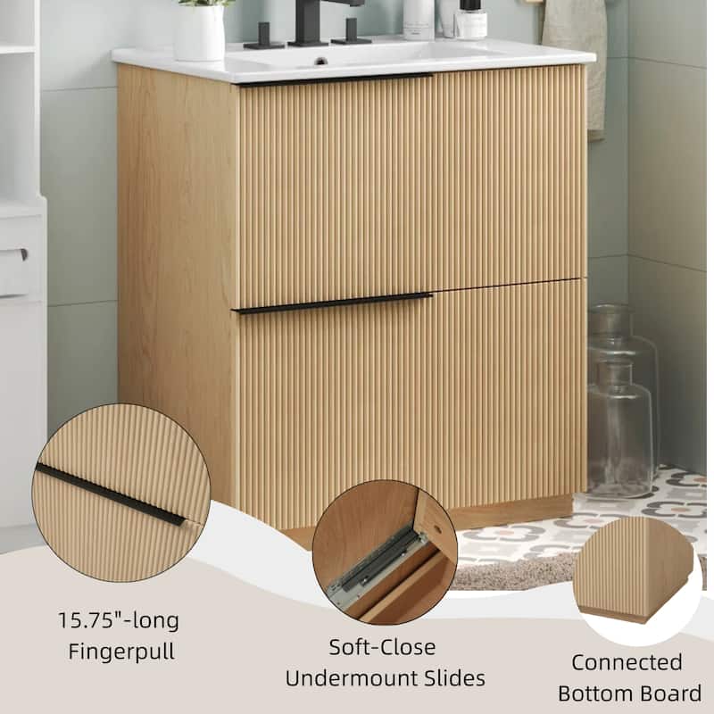 30" Bathroom Vanity with Ceramic Sink, Full-Extension Drawers, Soft-Close Undermount Slides, Fluted Design