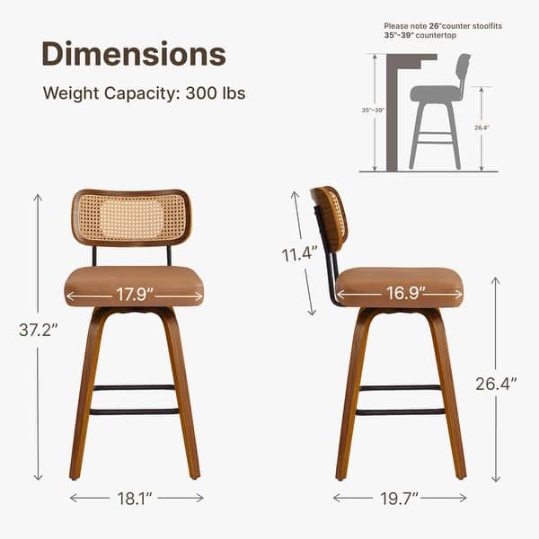 dimension image slide 1 of 3, Spruce & Spring 26" Swivel Bar Stool with Bentwood Back or PE Rattan Back