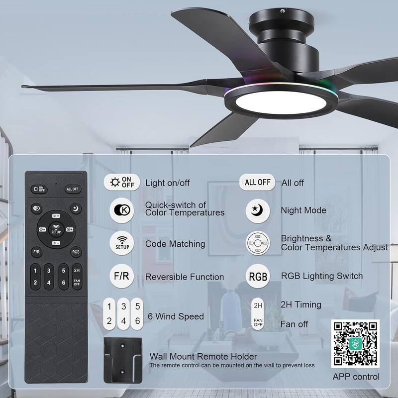 52 Inches RGB Flush Mount Ceiling Fan with Light,Reversible DC Motor for Bedroom Living Room Patio