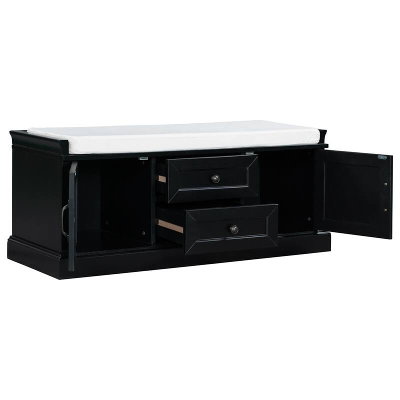 Storage Bench with 2 Drawers and 2 Cabinets, Shoe Bench with Removable Cushion for Living Room