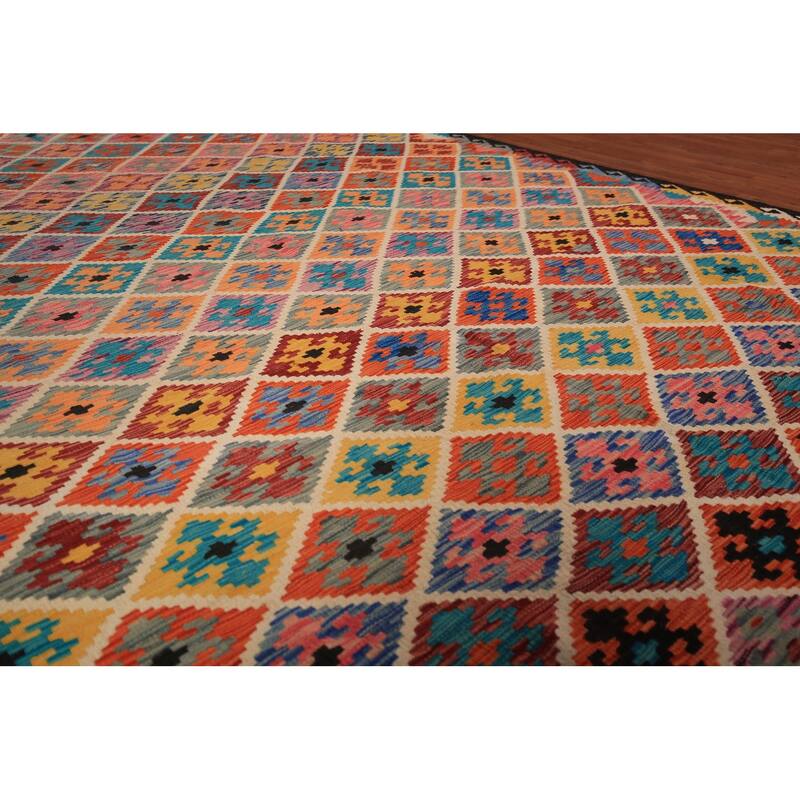 Flat Weave Trellis Kilim Oriental Area Rug Flatweave Wool Carpet - 7'10" x 11'5"