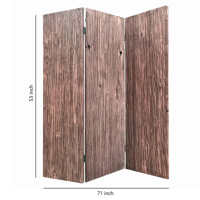 Textured and Bark Designed Wooden 3 Panel Room Divider , Natural Brown